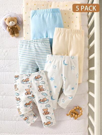 SHEIN Set de 5 piezas de ropa interior para bebé niño recién nacido, incluye estampado de estrellas y lunas, rayas de color azul claro, unicolor, estampado de osos, tela suave y cómoda, uso diario lindo y versátil