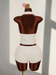 Amplova Deep V-Neck Halter Tie-Up Super Low Waist Striped Mini Shorts 2 Pieces Set - White - View 2