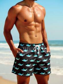 Manfinity Swimmode Men's Drawstring Waist Shark Print Pocket Casual Versatile Beach Shorts Shark Swim Trunks Mens Board Shorts Mens Swim Trunk Matching Mens Beachwear - Grey - View 6