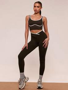 SHEIN BAE Damen nahtloses Yoga-Aktivset mit Kontrastfarben - Braun - Übersicht 1