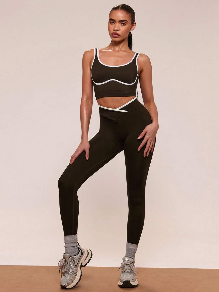 SHEIN BAE Damen nahtloses Yoga-Aktivset mit Kontrastfarben - Braun - Übersicht 1