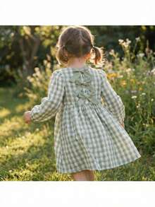 Loomiva Baby Girl Colorblock Bow Plaid Round Neck Long Sleeve Waist Cinched Dress, Versatile & Comfortable, Baby Girl - Green - View 10