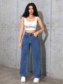 Jeanoix 女士休闲日常斜插口袋宽松直筒牛仔裤 - 中等水洗藍 - 查看 5