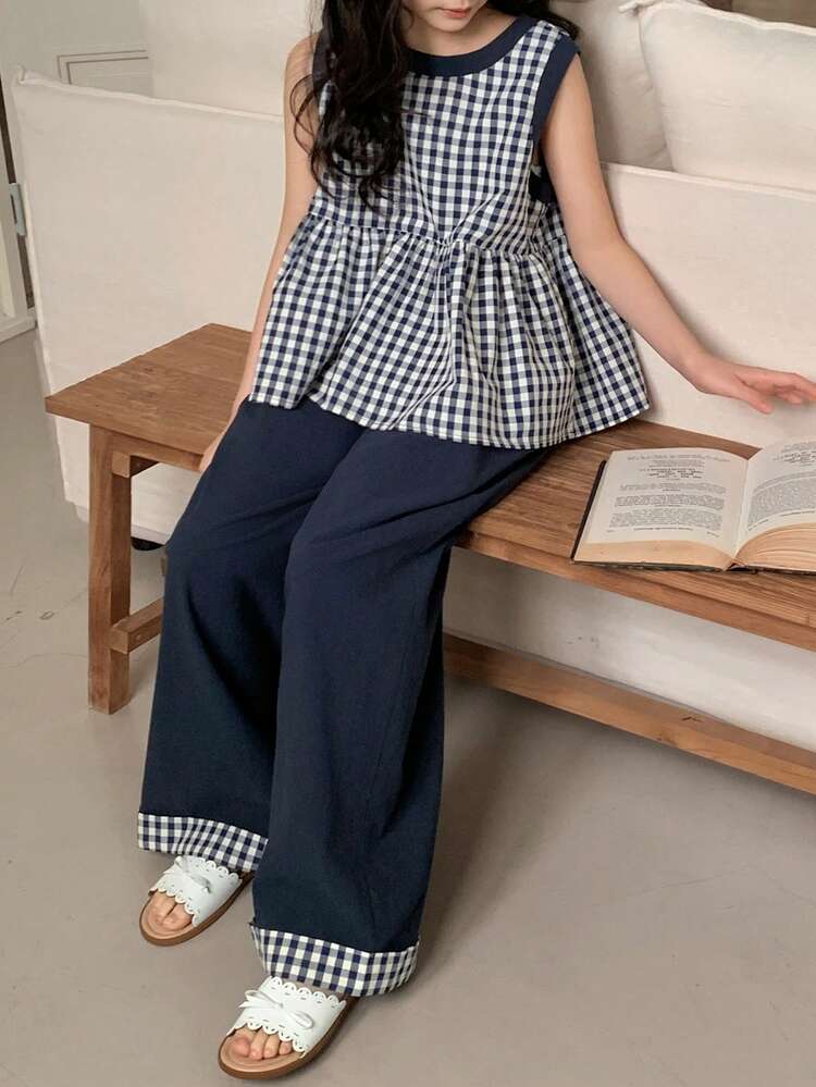 Tween Girl Plaid Round Neck Ruffle Hem Sleeveless Shirt And Pants Casual Outfit