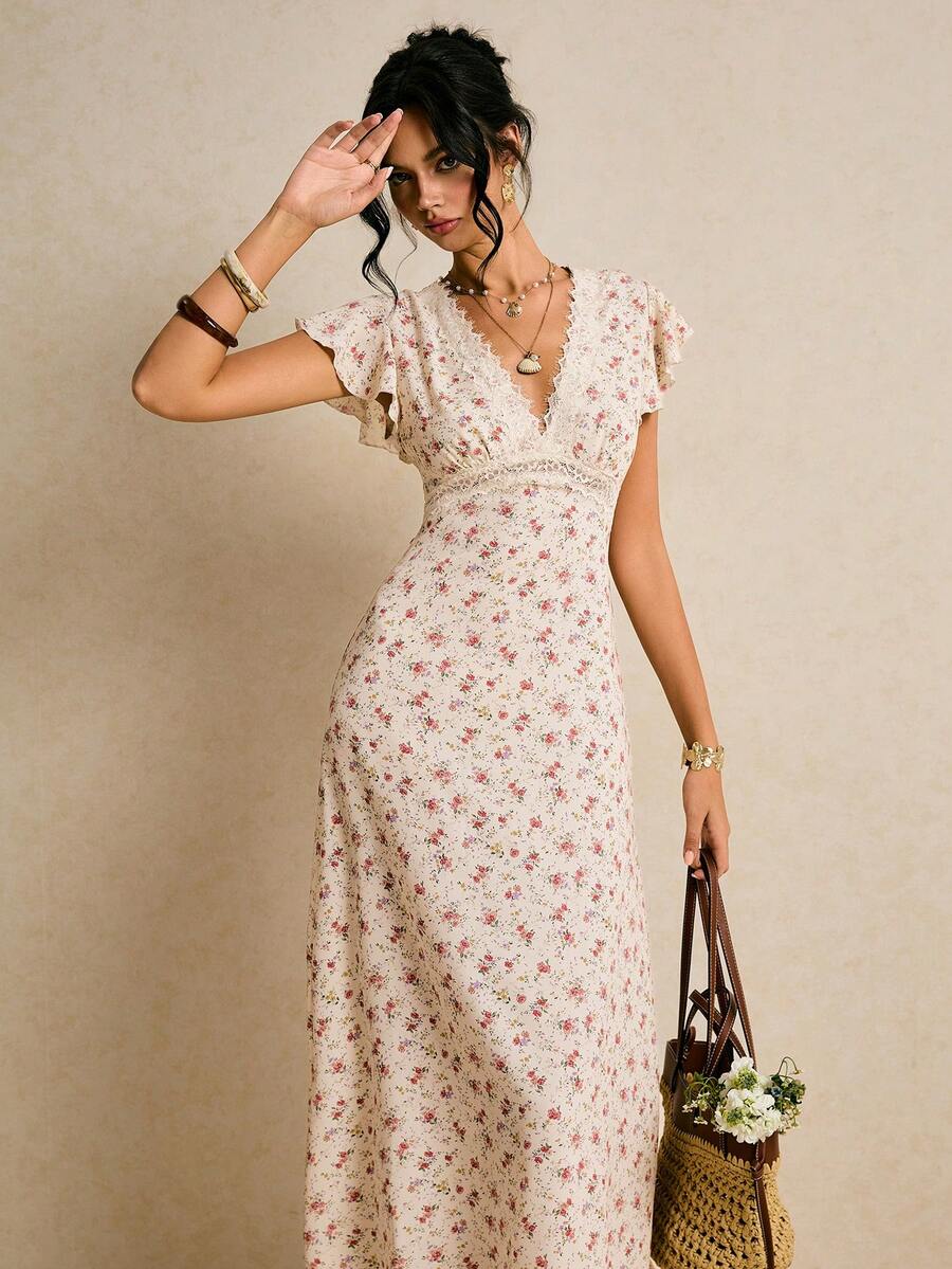 Poéselle Women's Elegant Ditsy Floral Contrast Lace Ruffle Hem Summer Dress - Multicolor - View 1