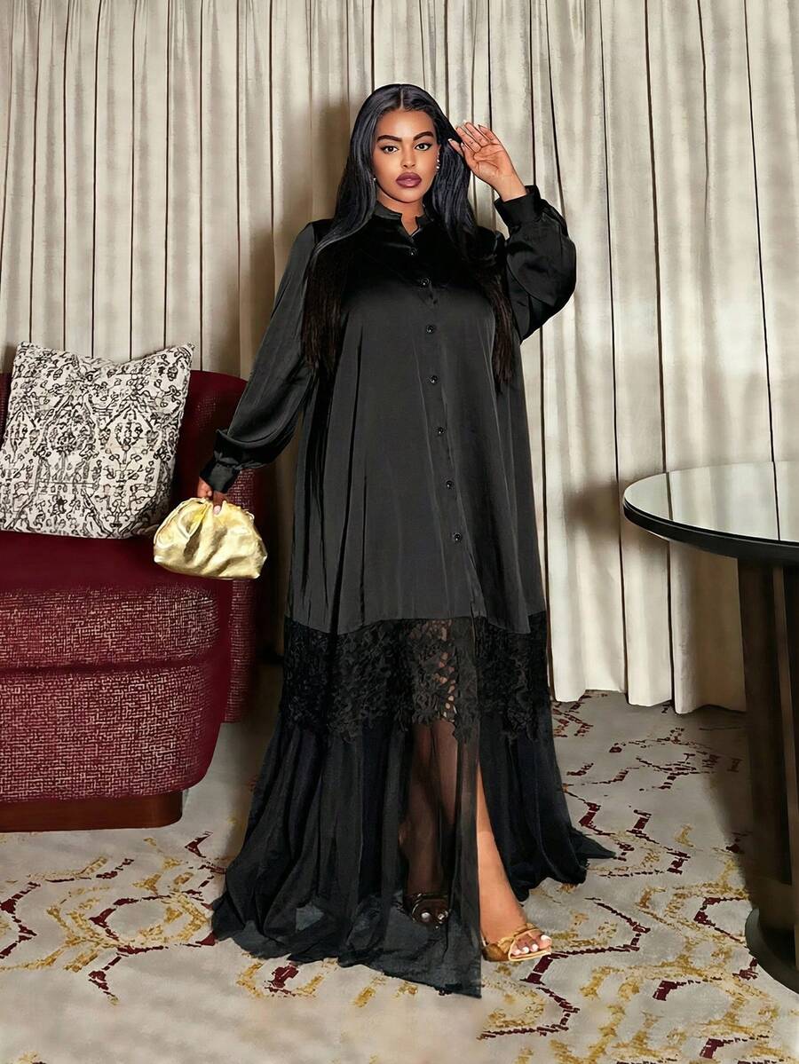 Maweii Plus Size Women Casual Vacation Daily Cardigan With Button, Ruffle Hem & Mesh Patchwork, Loose & Comfortable A-Line Dress - Black - View 1