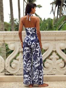 SHEIN Swim Oasis Women's Tropical Print Tie Shoulder One-Piece Swimsuit And Cover Up Pants Set, Beach Vacation Style - Navy Blue - View 2