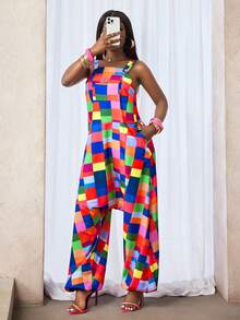 BamGleam 女士休闲甜美格子印花系带阔腿连体裤，适合外出、日常穿着，浪漫气息十足。 - 彩色 - 查看 6