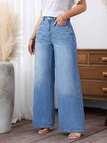 EMERY ROSE Plus Size Women Casual Washed Slant Pocket Loose Wide Leg Jeans - Light Wash - View 7