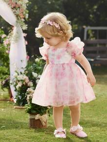 女宝宝优雅花卉图案可爱薄纱公主裙 - 彩色 - 查看 10