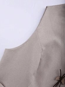 Franclia 大码女式休闲度假杏色亚麻质感无袖衬衫，夏季 - 杏色 - 查看 7