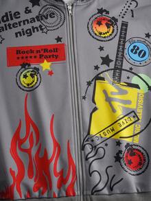 MTV | SHEIN 女士字母火焰印花连帽拉链长袖卫衣 - 灰色 - 查看 4