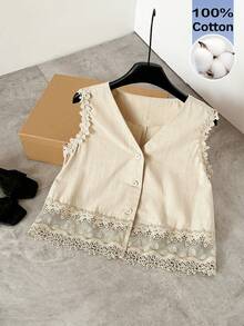 Serisse Áo vest nữ 100% cotton màu trơn phối ren, kiểu dáng Pháp mùa hè, cổ chữ V, chất liệu 100% cotton, viền ren, chất liệu lưới rỗng, thoáng mát và ngọt ngào, thích hợp cho đi làm và mặc thường ngày, tối giản, đa năng cho công sở hoặc dự tiệc, áo ren, mùa hè, áo mùa hè, ngày Valentine, trang phục lễ hội cho nữ, đi biển, áo đi chơi, áo kiểu nữ thanh lịch, áo kiểu thường ngày cho nữ - Màu be - Xem 9