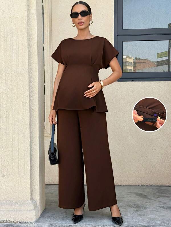 MaterniWear 2pcs Maternity Elegant Commuter Solid Color Waist Cinched Top And Pants Set, Summer