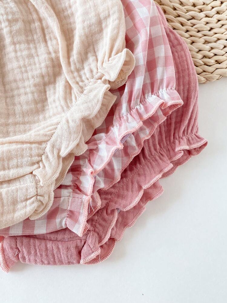 SHEIN Set de 3 piezas de shorts y mallas casuales de unicolor beige, blanco lechoso y rosa a cuadros para niñas pequeñas, de tela de algodón puro, corte holgado, adecuado para juegos al aire libre, comodidad en el hogar y adaptable a varias ocasiones de fiesta - Multicolor - Añade 3