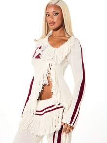 SUMWON WOMEN Knit Asymmetric Long Sleeve Varsity Cardigan With Fringe Detail And Burgundy Stripe Accents For Fall Winter - Apricot - View 4