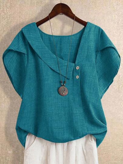 Linhara Plus Size Solid Color Asymmetric Collar Casual Short Sleeve Shirt Linen Blouses For Women Teal Blouse Teal Blue Top Blue Blouse For Women Turquoise Top Women
