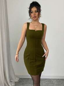 Elenzga Sleeveless Square Neck Waist Cinched Minimalist Elegant Women Bodycon Dress - Army Green - View 4