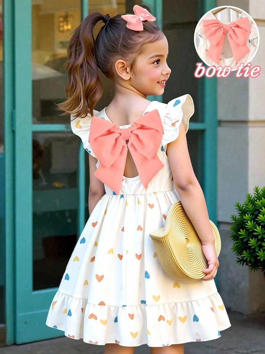 SHEIN Elladie kids 女童白色夏季仙女風7歲生日洋裝,心形印花無袖荷葉袖露背設計配粉色3D蝴蝶結,優雅荷葉邊派對套裝 - 杏色 - 查看 1