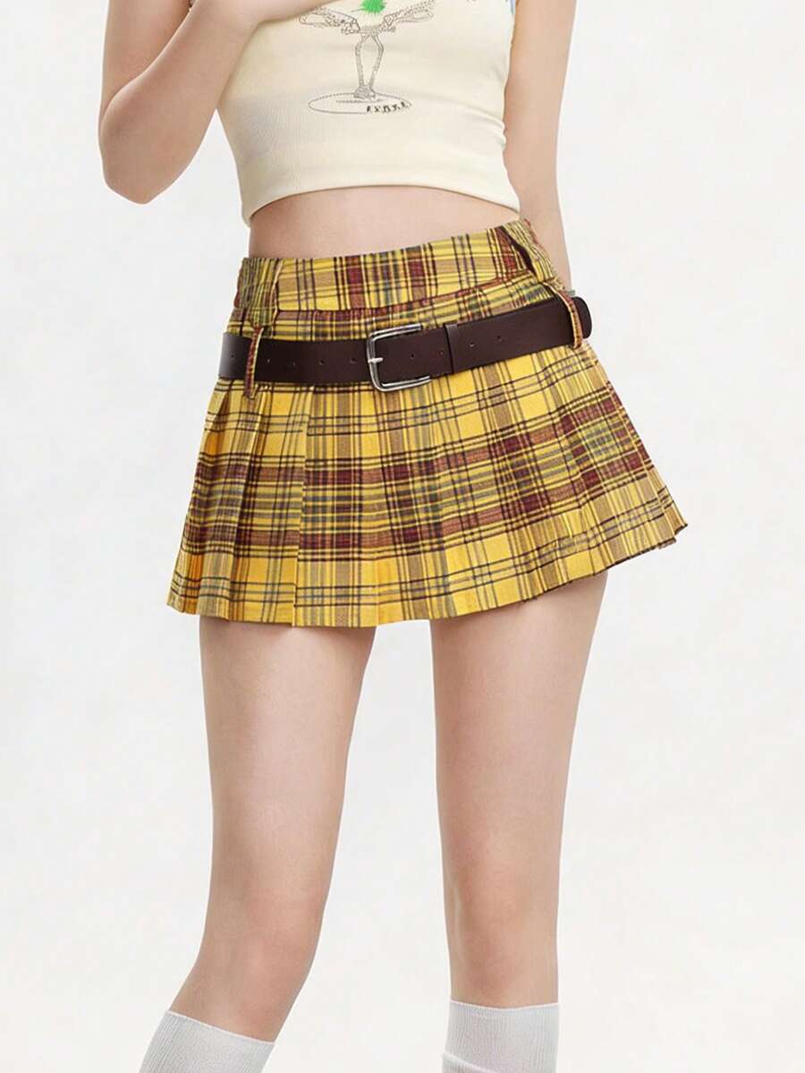 Rina Fox 女士格子搭扣短款褶裥A字裙，学院风 - 黃色 - 查看 1