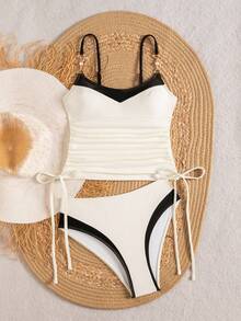 Bonvoyette 2026新款女士夏季沙滩度假黑白褶皱抽绳高腰吊带露背吊带背心和比基尼两件套 - 杏色 - 查看 8