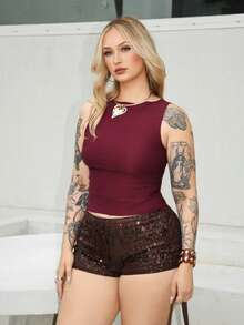 Arliah 女士通勤休闲露背蝴蝶结圆领无袖衬衫，紫色上衣 - 酒紅色 - 查看 3