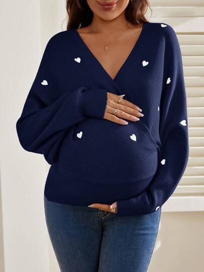 SHEIN Maternity Colorblock Heart Print V-Neck Long Sleeve Sweater
