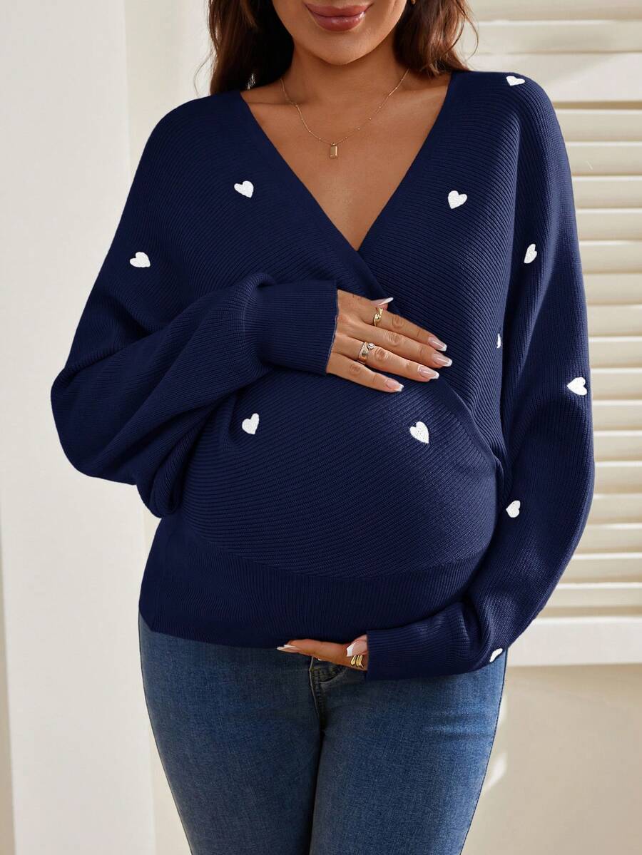 SHEIN Maternity Colorblock Heart Print V-Neck Long Sleeve Sweater - Navy Blue - View 1