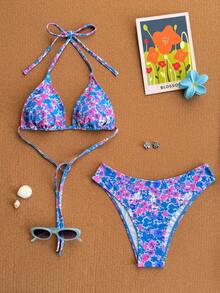 Swim Mod Conjunto de bikini de 2 piezas con Top de cuello halter y Bottom de corte alto con estampado de lunares, para mujer, Primavera/Verano 2026 - Multicolor - Ver 2