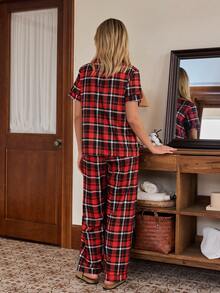 SHEIN Plaid Print Letter Pocket Short Sleeve & Long Pants Women Pajama Set - Multicolor - View 2
