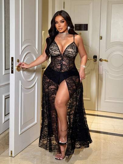 NU&NOW Plus Size Women's Summer Sheer Sexy Lace Camisole Camisole With Button Front, Sleeveless Long Camisole, Sexy Outfit For Ladies, Black Camisole Sexy Camisole For Date, Party And Occasion