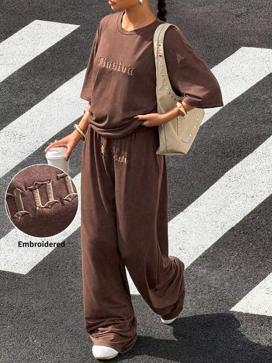 SHEIN EZwear Summer Casual Sets For Women Embroidery Letter Pattern Drop Shoulder Tee & Wide Leg Pants Set - Coffee Brown - View 1