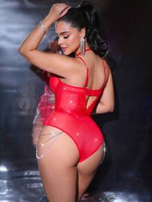 MidnightGlam 2件套情人节水钻装饰复古红色蕾丝拼接交叉吊带女士内衣连体衣 - 紅色 - 查看 2