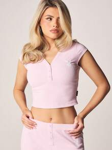Missguided x Playboy Ribbed Knit Short Sleeve Crop Top And Wide Leg Lounge Pants Two Piece Coordinated Set For Comfort Relaxation Home Leisure Casual Wear - Pink - View 5