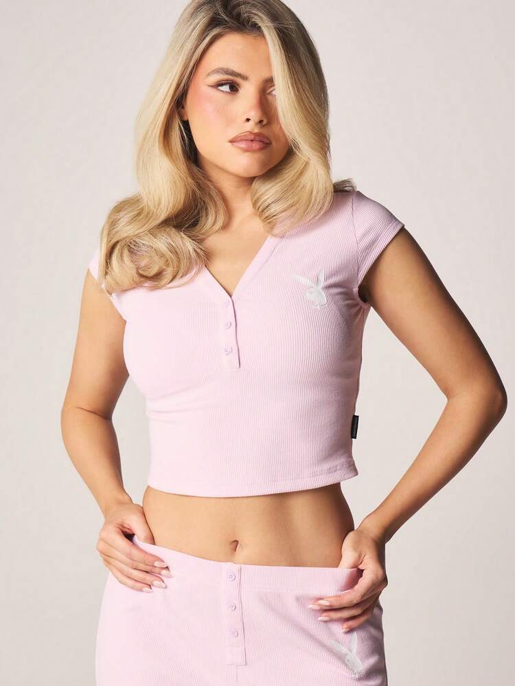 Missguided x Playboy Ensemble deux pièces coordonné de haut court à manches courtes en tricot côtelé et pantalon large de détente pour le confort, la relaxation, les loisirs et le port casual à la maison