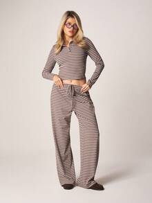 MISSGUIDED Striped Collared Long Sleeve Button Down Top And Wide Leg Trouser Two Piece Coordinated Set Fall Casual Lounge - Multicolor - View 1