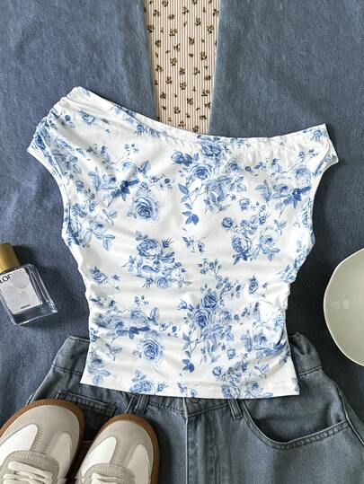 SHEIN Top corto de punto blanco con estampado gráfico minimalista casual para niñas preadolescentes, asimétrica y fruncida, adecuada para primavera/verano, uso casual, estilo personalizado, uso diario