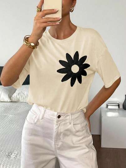 Serisse Women's Contrast Color Print Round Neck Short Sleeve T-Shirt