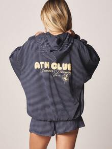 MISSGUIDED Áo hoodie kẻ sọc cỡ lớn với mũ có dây rút và túi trước, in chữ thể thao, ấm áp, thoải mái, thích hợp cho mùa thu đông. - Màu xanh lam - Xem 1