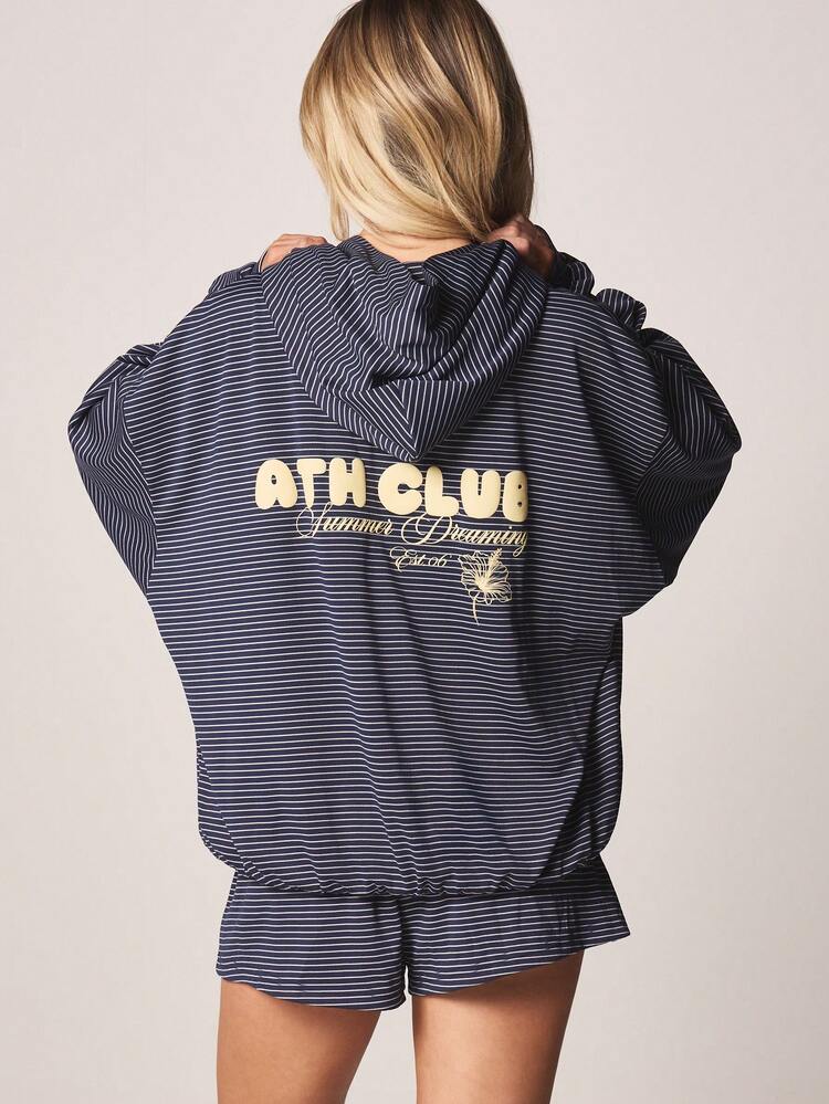 MISSGUIDED Oversized Striped Hoodie With Drawstring Hood And Front Pouch Pocket Athletic Text Print Cozy Casual Fall Winter Pullover Sweatshirt