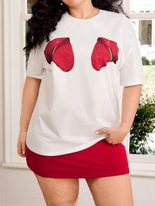 SHEIN EZwear 2026 Spring & Summer Valentine's Day Vacation New Style Casual Outdoor Daily Casual Party Date Music Festival Back To School New Year Comfortable Style White Short Sleeve T-Shirt With Plant Heart Print & Red Elastic Fitted Short Skort Contrast Color Plus Size 2-Piece Set - Multicolor - View 3