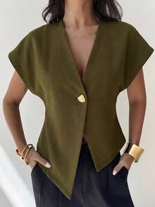 Firerie Blusa casual de manga murciélago asimétrica de unicolor mostaza, elegante, simple, estilosa y minimalista, versátil para el uso diario y el transporte, de alta gama, minimalista y desconstructiva, con cuello en V y un solo botonadura - Verde militar - Ver 7