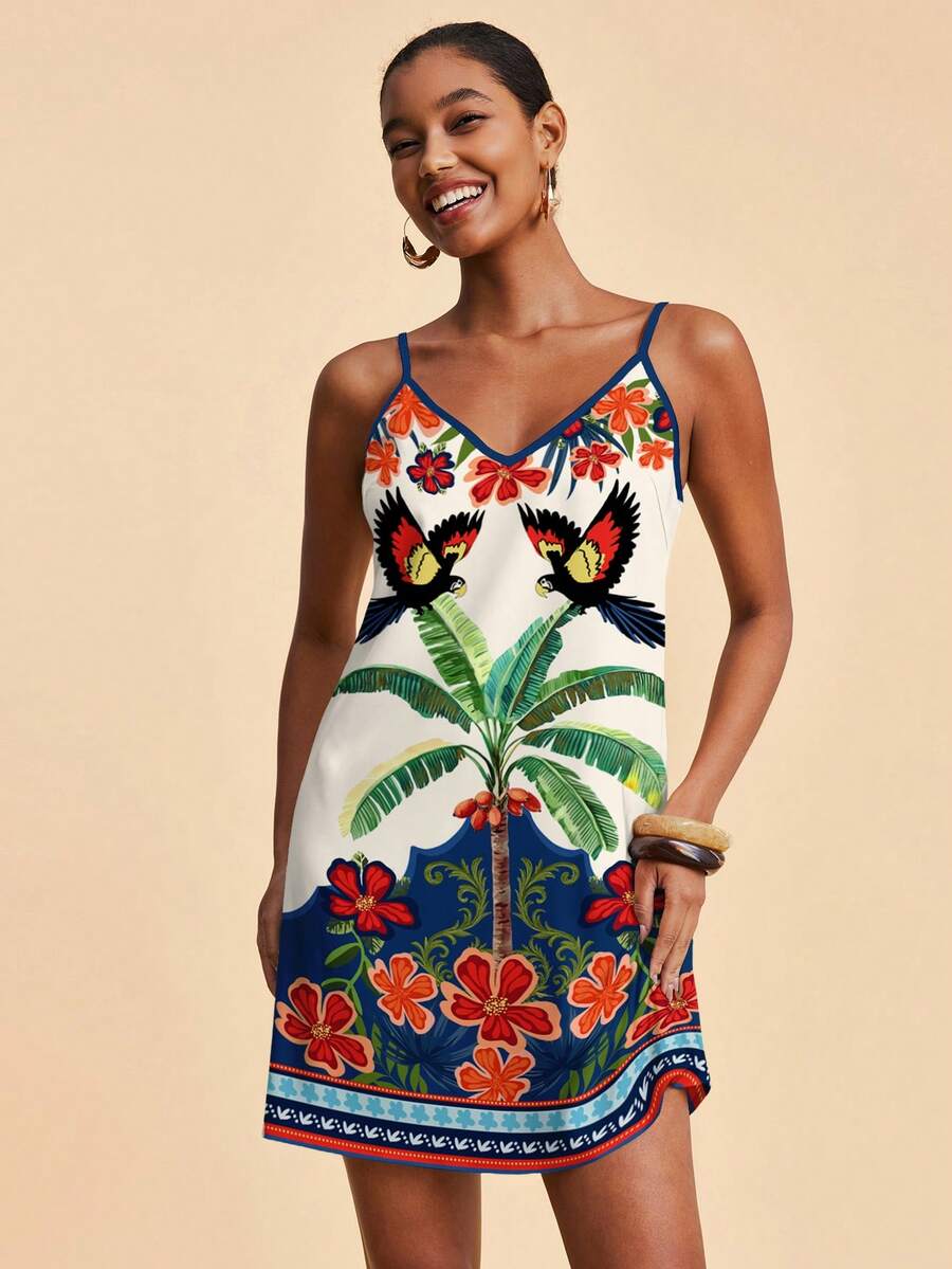 Travachic Casual Vacation Style Tropical Rainforest Geometric Placement Retro Print Colorful Parrot & Hibiscus Tropical Floral Women Casual Retro Printed Mini Dress, Suitable For Spring/Summer - Multicolor - View 1