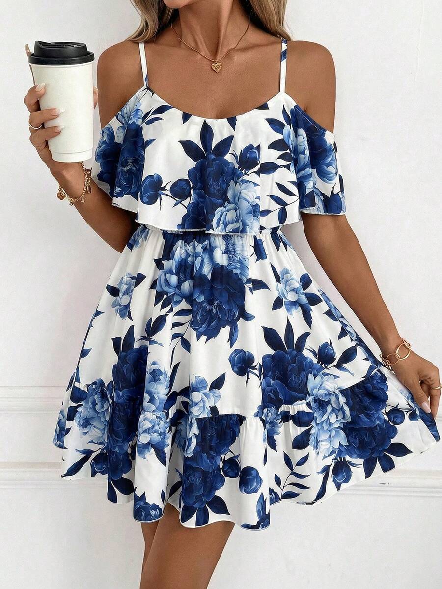SHEIN Clasi Women's Floral Print Ruffle Off-Shoulder Short Sleeve Elegant Mini Dress, Suitable For Daily Wear, Holidays And Romantic Occasions, Spring/Summer ,Summer Dress - Navy Blue - View 1