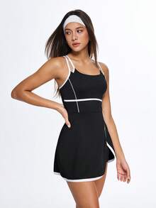Eassivo Eassivo Women's Sporty Casual Contrast Trim Dress, Yoga Outfit - Black and White - View 5