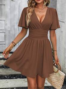 EMERY ROSE 纯色短袖荷叶边腰身简约优雅连衣裙 - 咖啡 - 查看 7