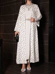 Al Najma Polka Dot Print Flare Sleeve Satin Coat - Apricot - View 6