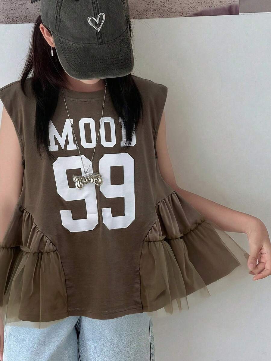 Dazy Kids 少女圆领无袖印花T恤，夏季 - 棕色 - 查看 1