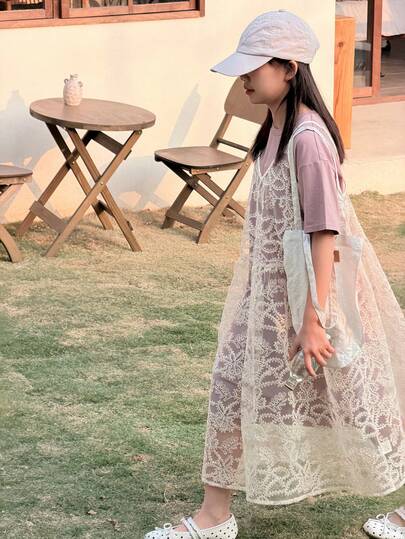 Dazy Kids 少女两件套：纯色圆领短袖休闲T恤裙和网纱吊带裙（夏季款）