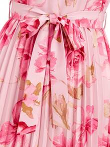 Ellevyn Romantic Elegant Waist Tie Rose Print Pleated Dress - Pink - View 5